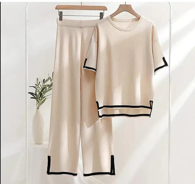 Slit Short Sleeve T-shirts and High Waist Wide Leg Pants