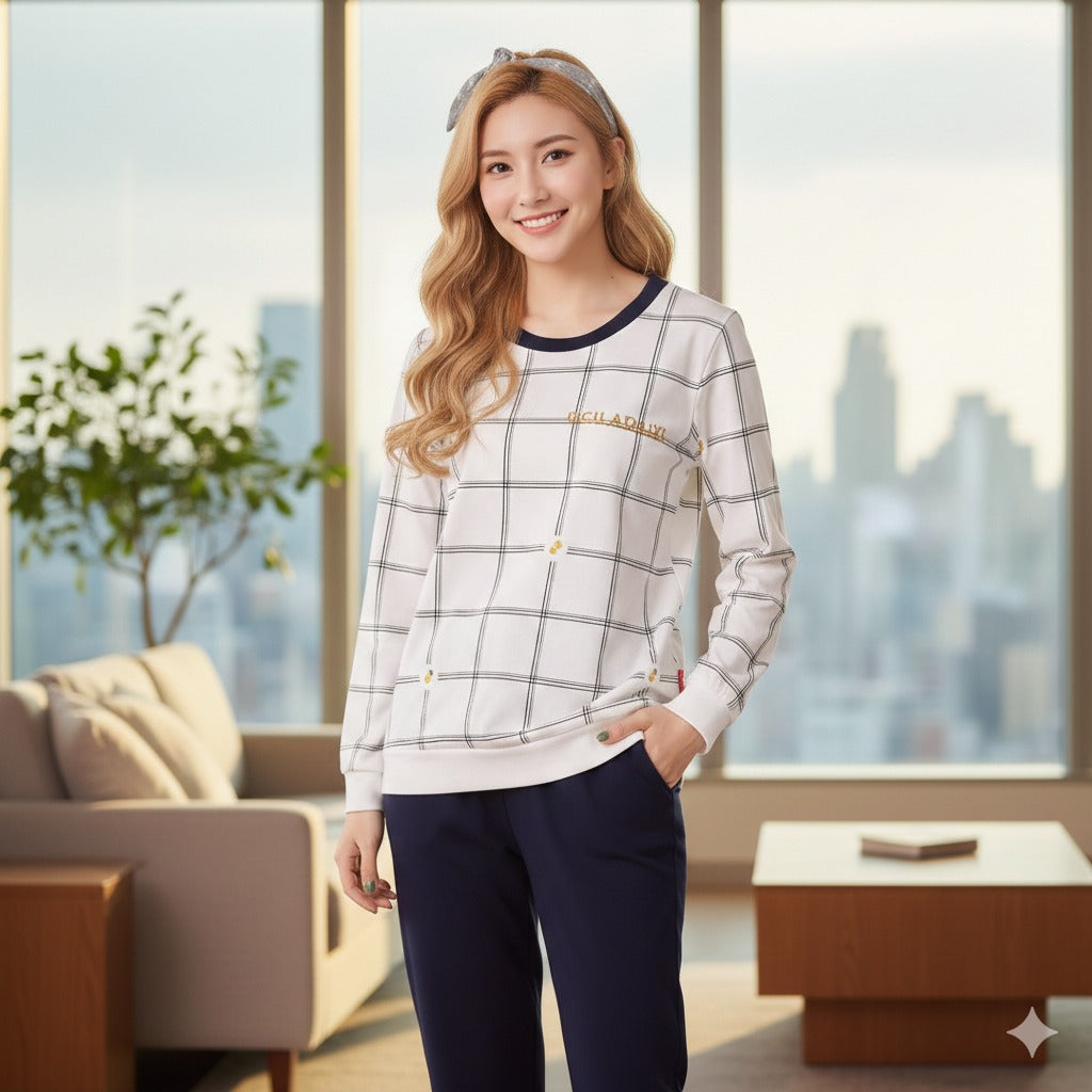 white check shirt & Navy Blue Woman Pajama Set