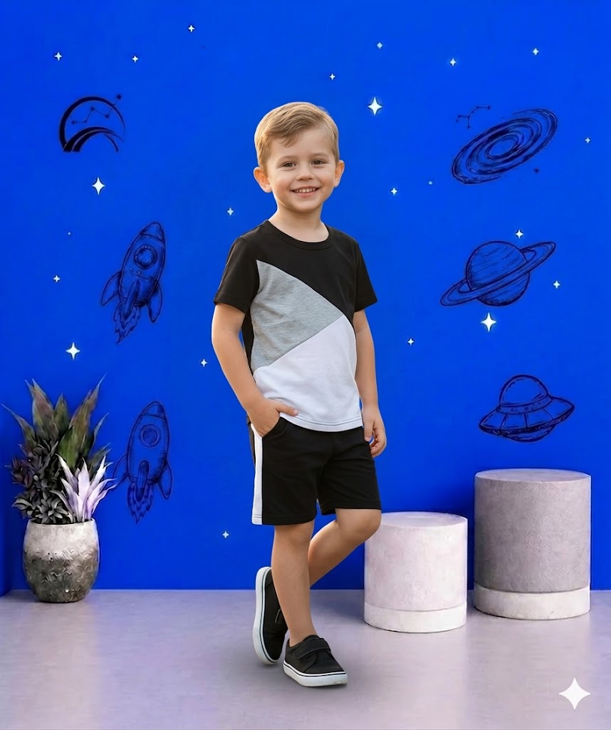 Black Panel Short Sleeve Kids Wear
