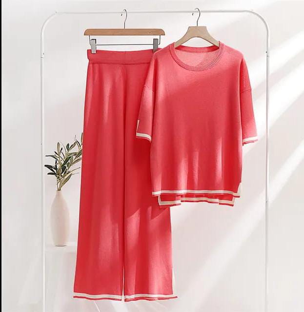 Slit Short Sleeve T-shirts and High Waist Wide Leg Pants