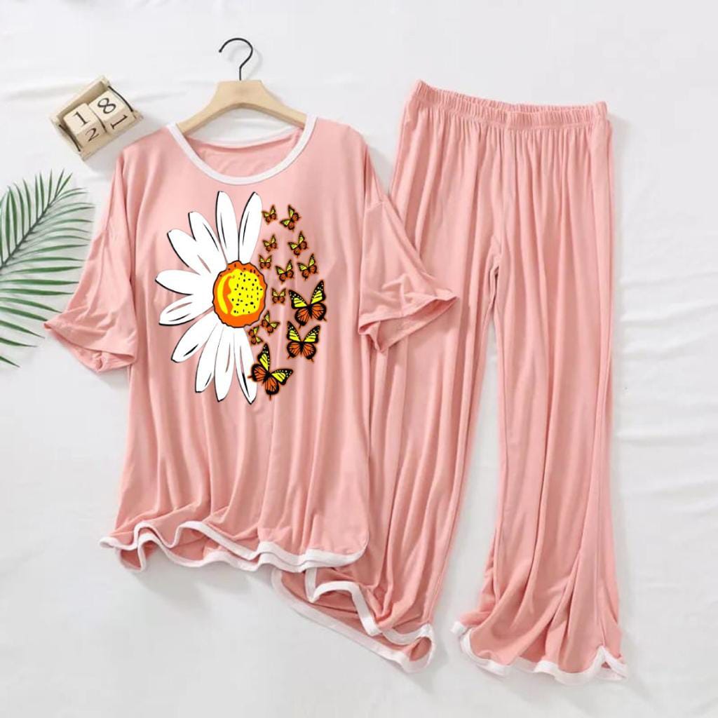 Womens Pink Printed 2Pcs Loungewear