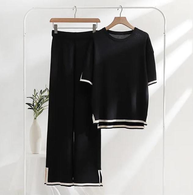 Slit Short Sleeve T-shirts and High Waist Wide Leg Pants