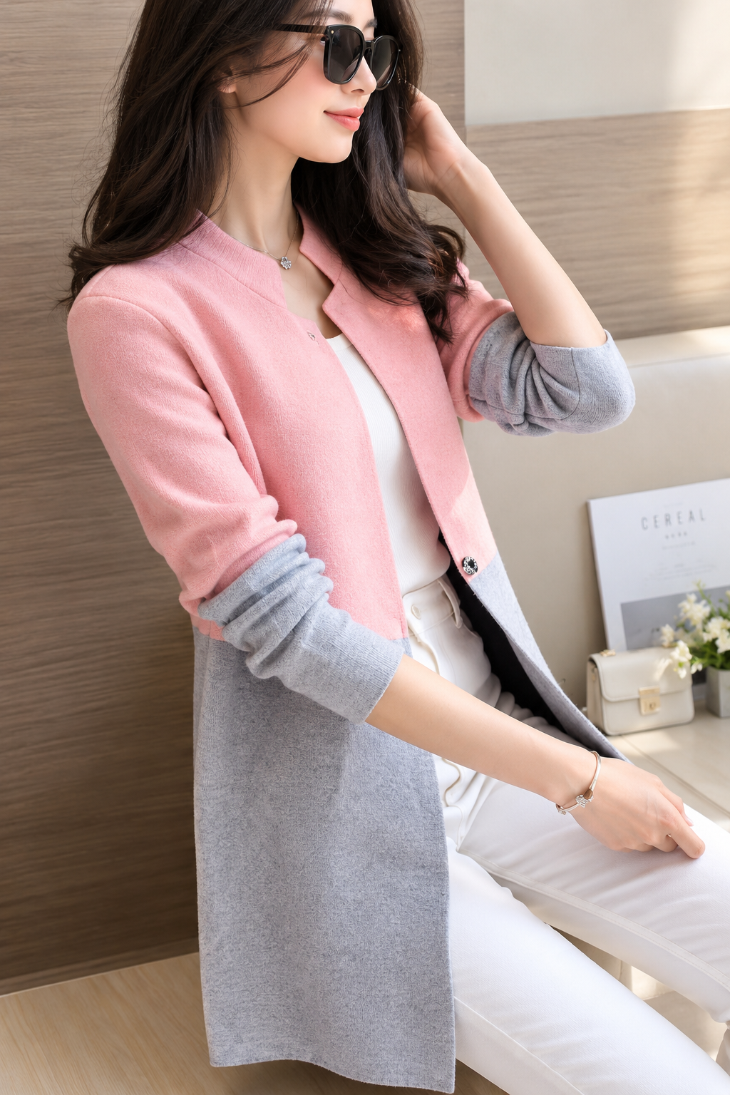 Women lapel casual long fleece coat