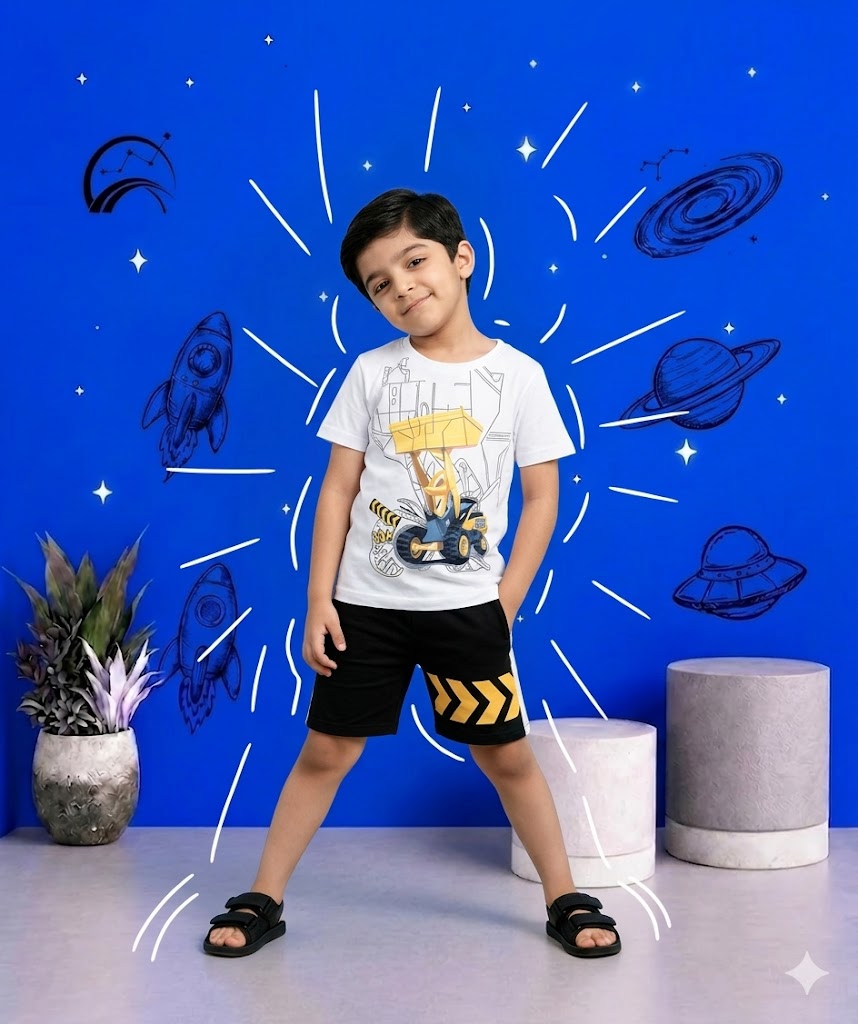 Excavator print  Short-sleeve Tee and Black Shorts Set