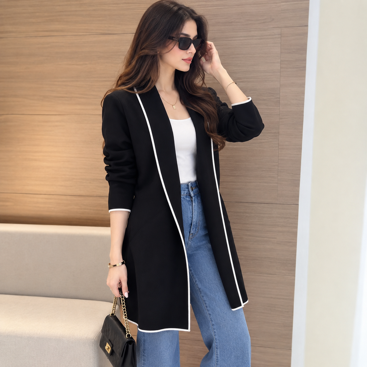 Black Front Open Long Coat Dual Pockets Jacket
