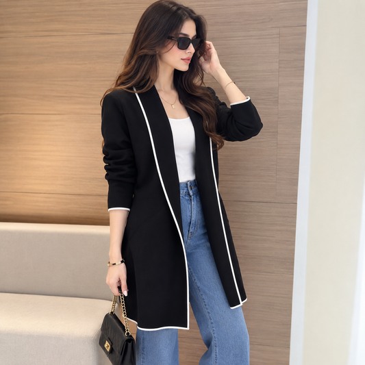 Black Front Open Long Coat Dual Pockets Jacket