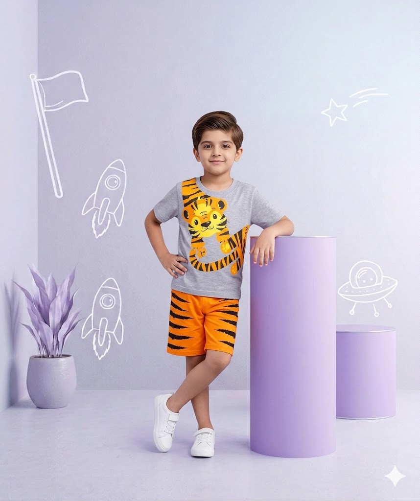 Tiger print Printed Half Sleeves Round Neck T shirt With Printed Shorts