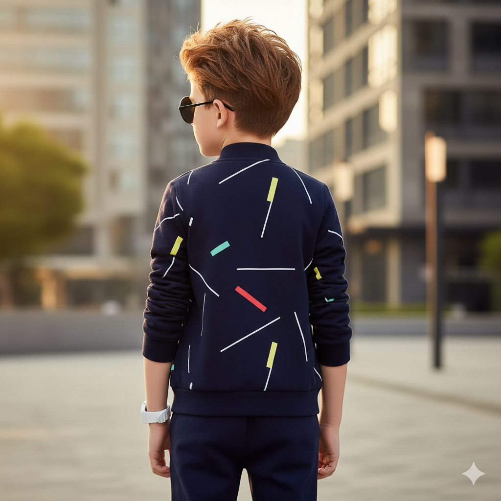 Kids Black Printed Zipper with Warm Black Trouser