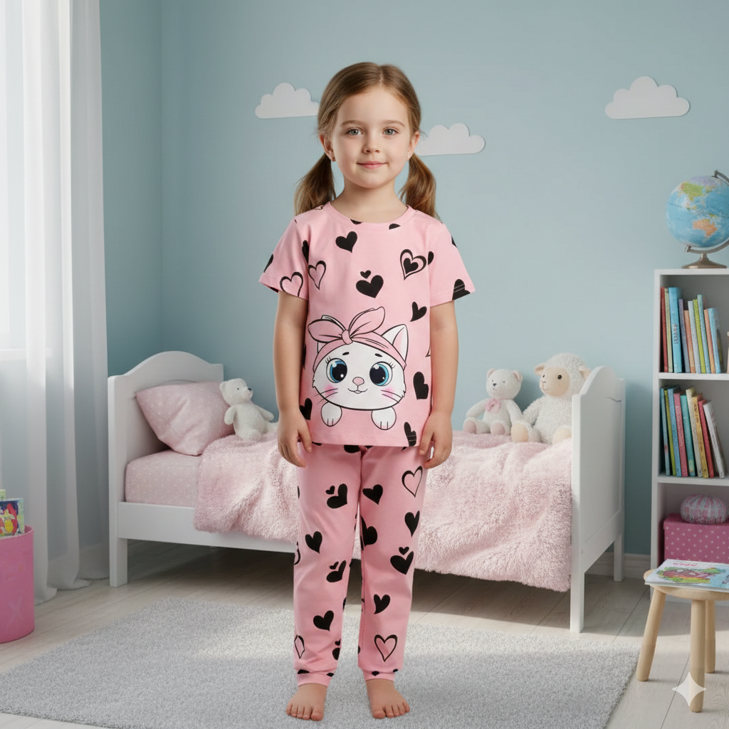 Pink Kitty Printed Kids Wear