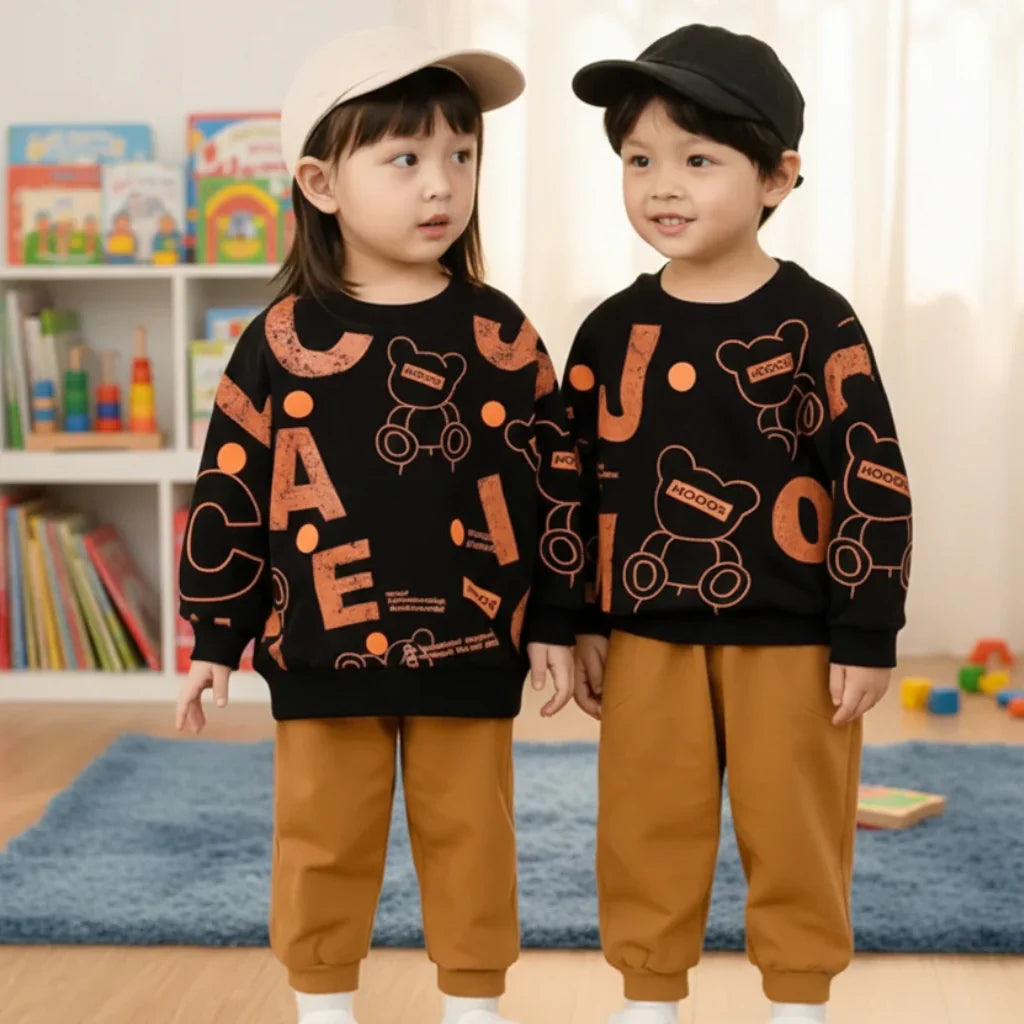 New Black Bear Printed Sweatshirt Set