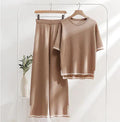 Coffee Brown Slit Short Sleeve T-shirts and High Waist Wide Leg Pants - AL TAQWA