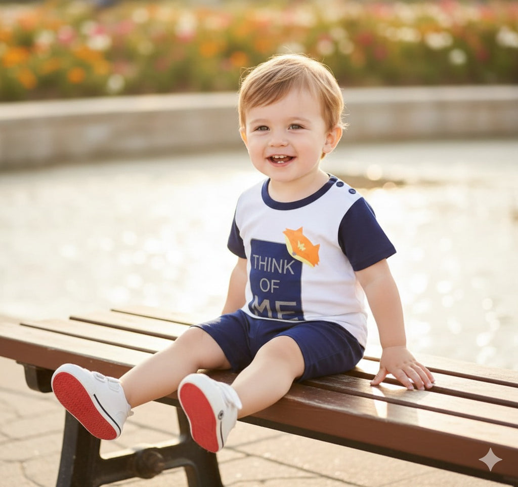 Blue THINK OF ME printed kids nightsuit