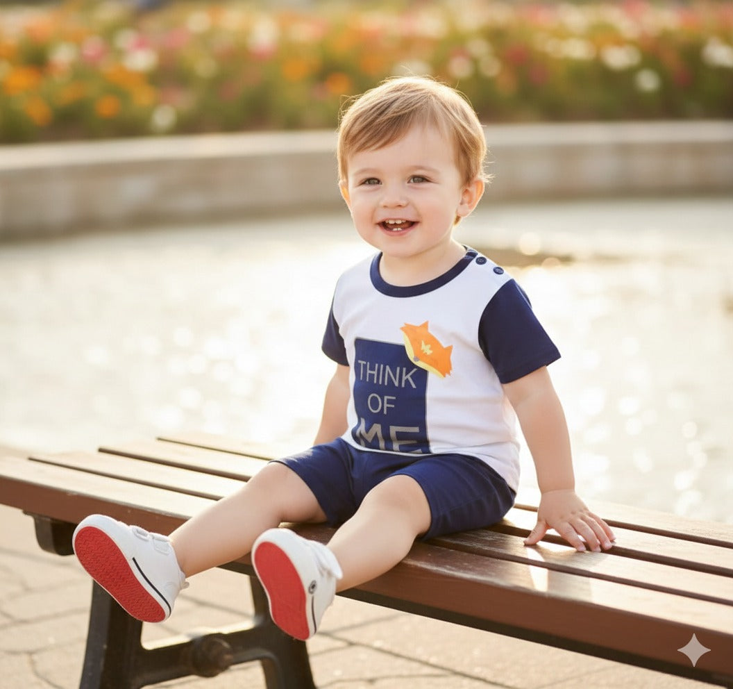 Blue THINK OF ME printed kids nightsuit