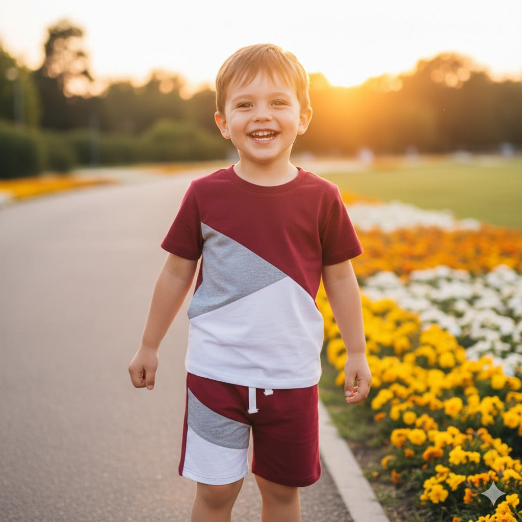 Mahroon Panel Short Sleeve Kids Wear