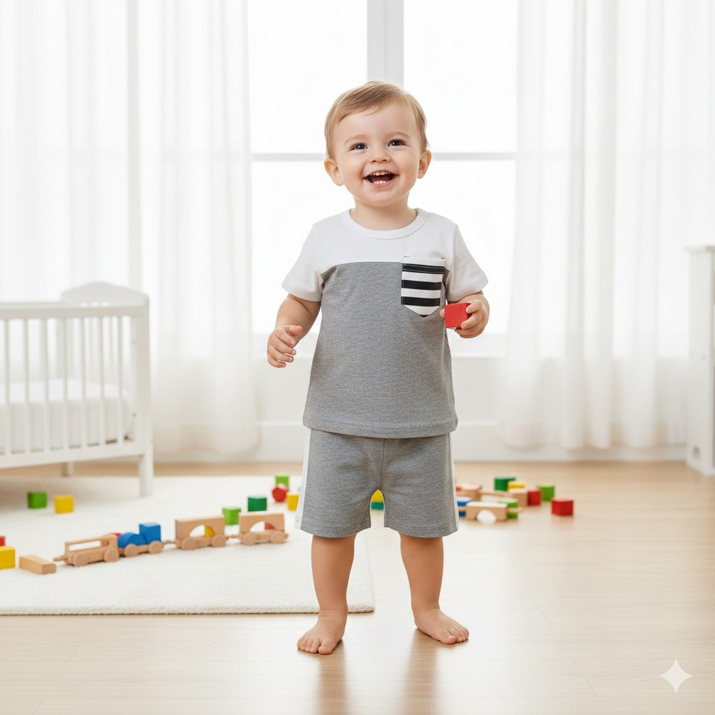 Grey and White Short Sleeve Kids Wear