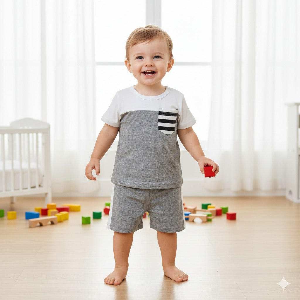 Grey and White Short Sleeve Kids Wear