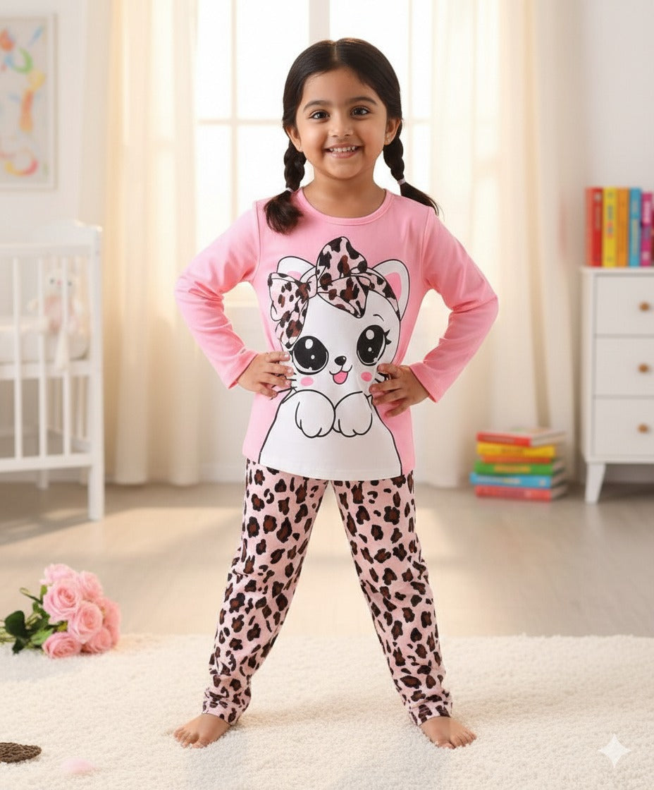 White cat Printed pink kid full sleeve set