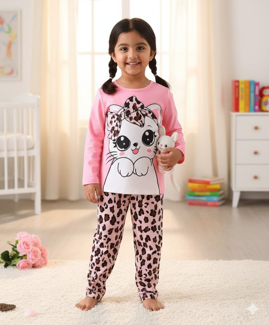 White cat Printed pink kid full sleeve set