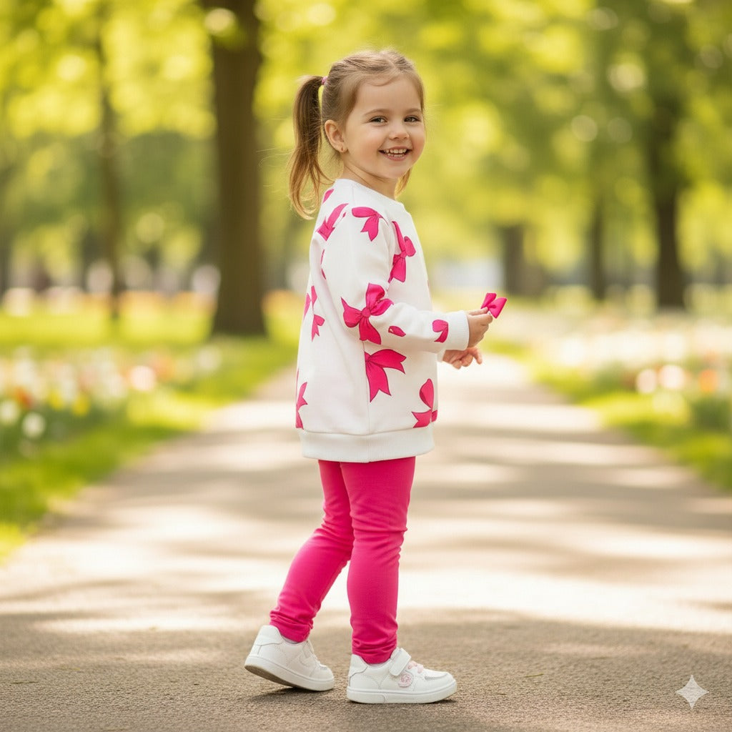 Pink Heart Printed Girls Sweatshirt Set