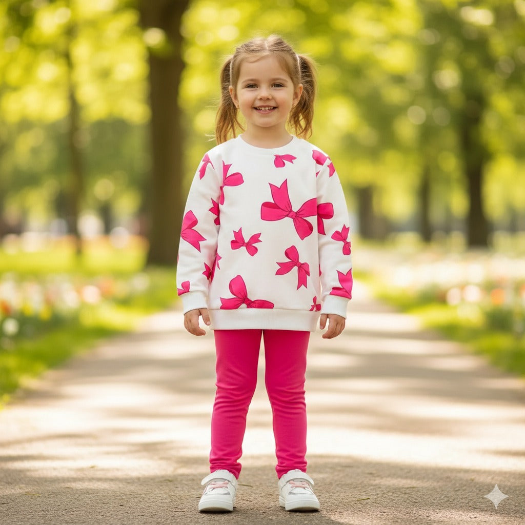 Pink Heart Printed Girls Sweatshirt Set