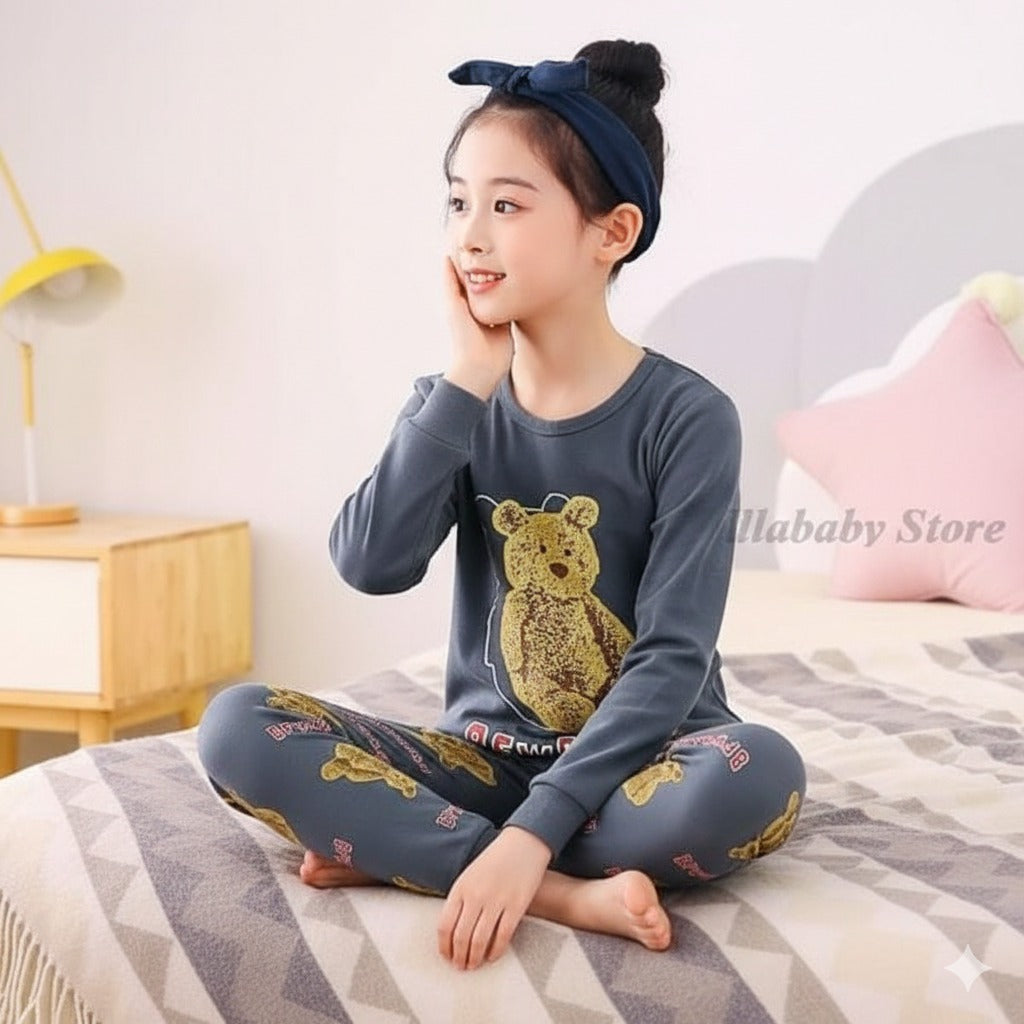 Dark Grey Teddy Bear Cartoon Printed Kids Wear