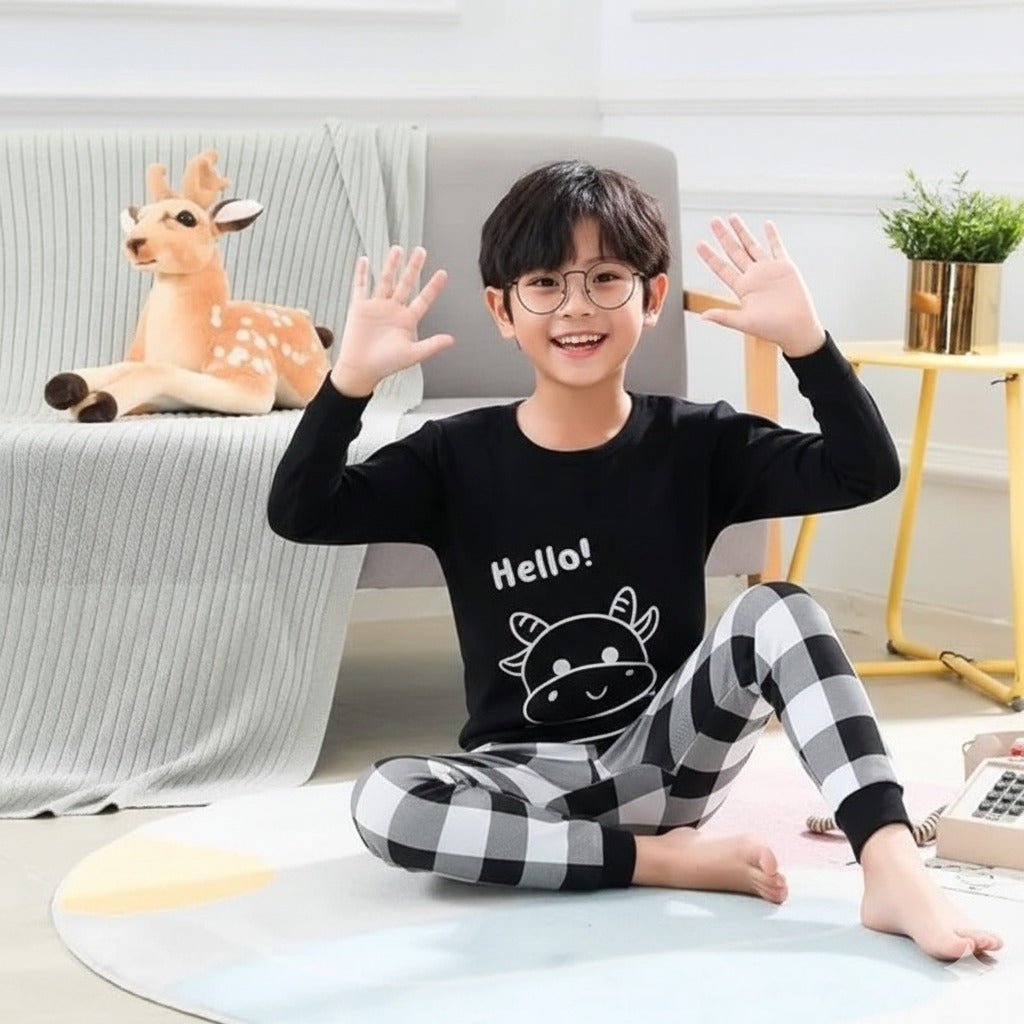 Hello Black Pattern Printed Kids Wear