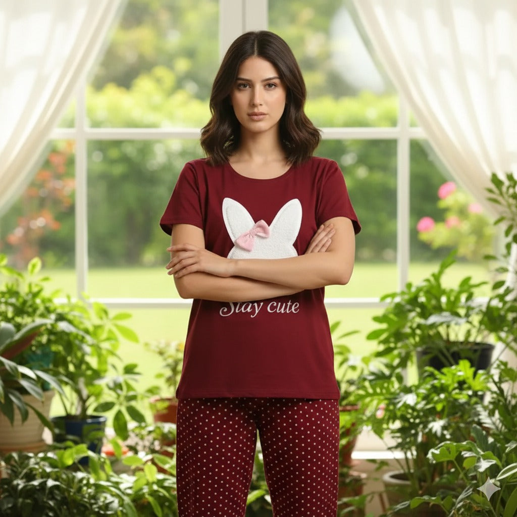 STAY CUTE HALF SLEEVES PRINTED NIGHTWEAR