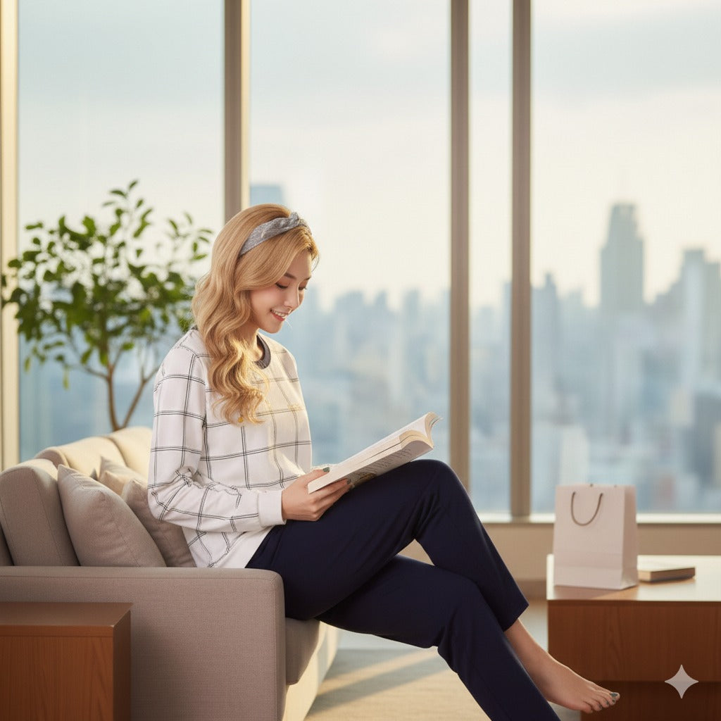 white check shirt & Navy Blue Woman Pajama Set