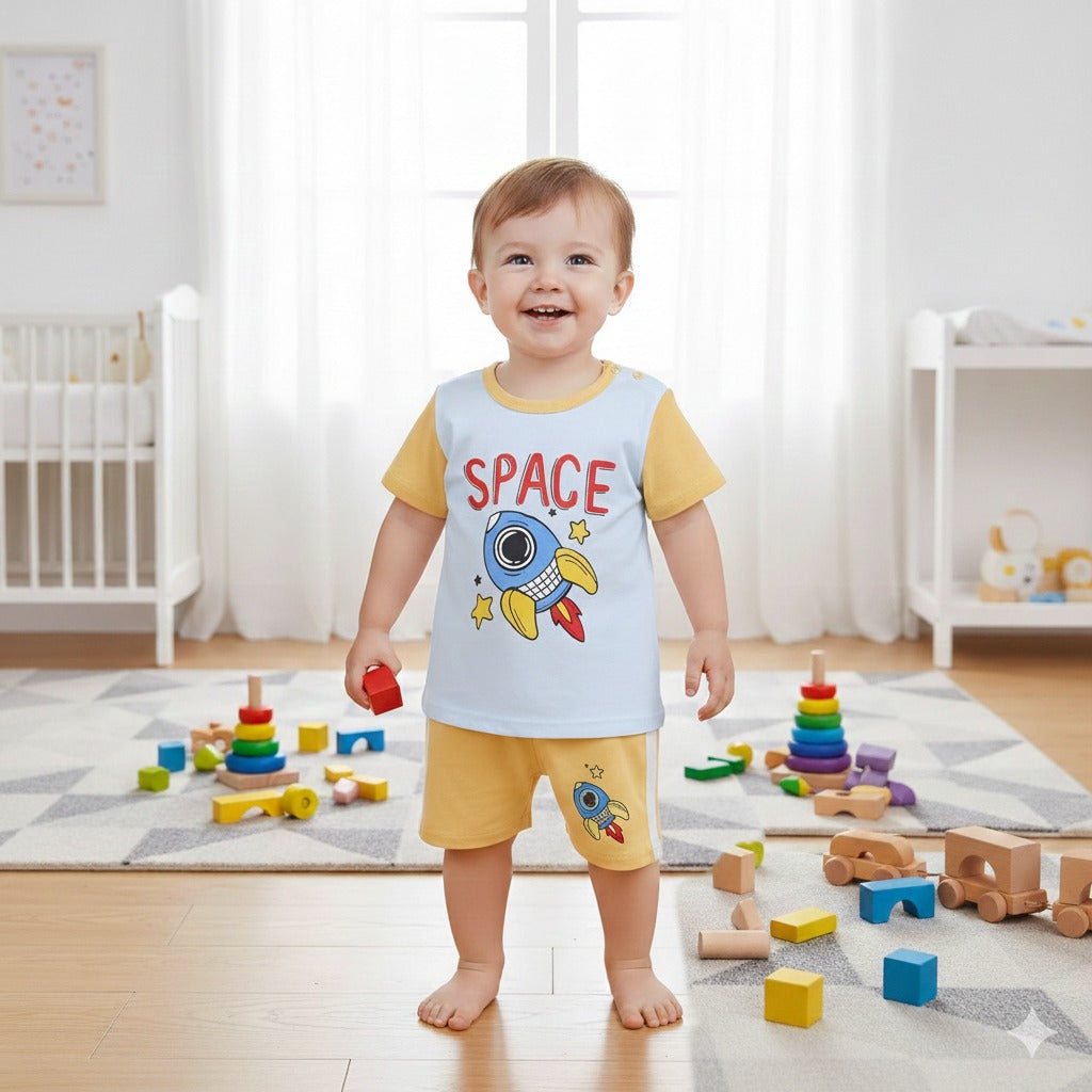 Sky Blue Rocket Printed Kids Short Sleeve Kids Wear