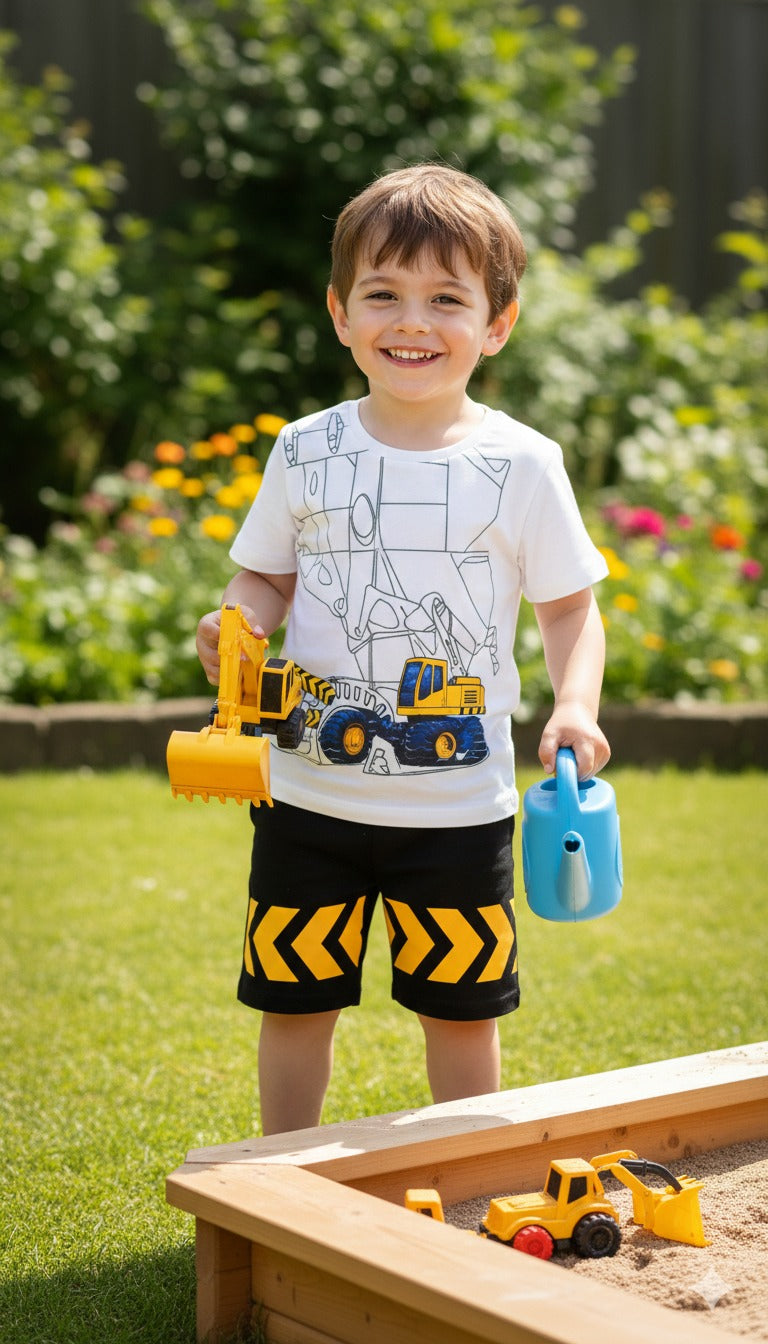 Excavator print  Short-sleeve Tee and Black Shorts Set