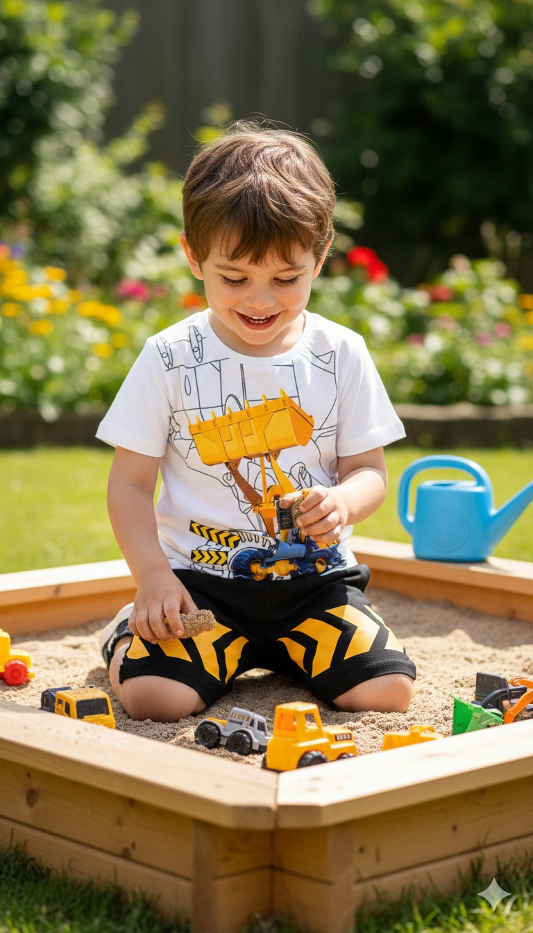 Excavator print  Short-sleeve Tee and Black Shorts Set