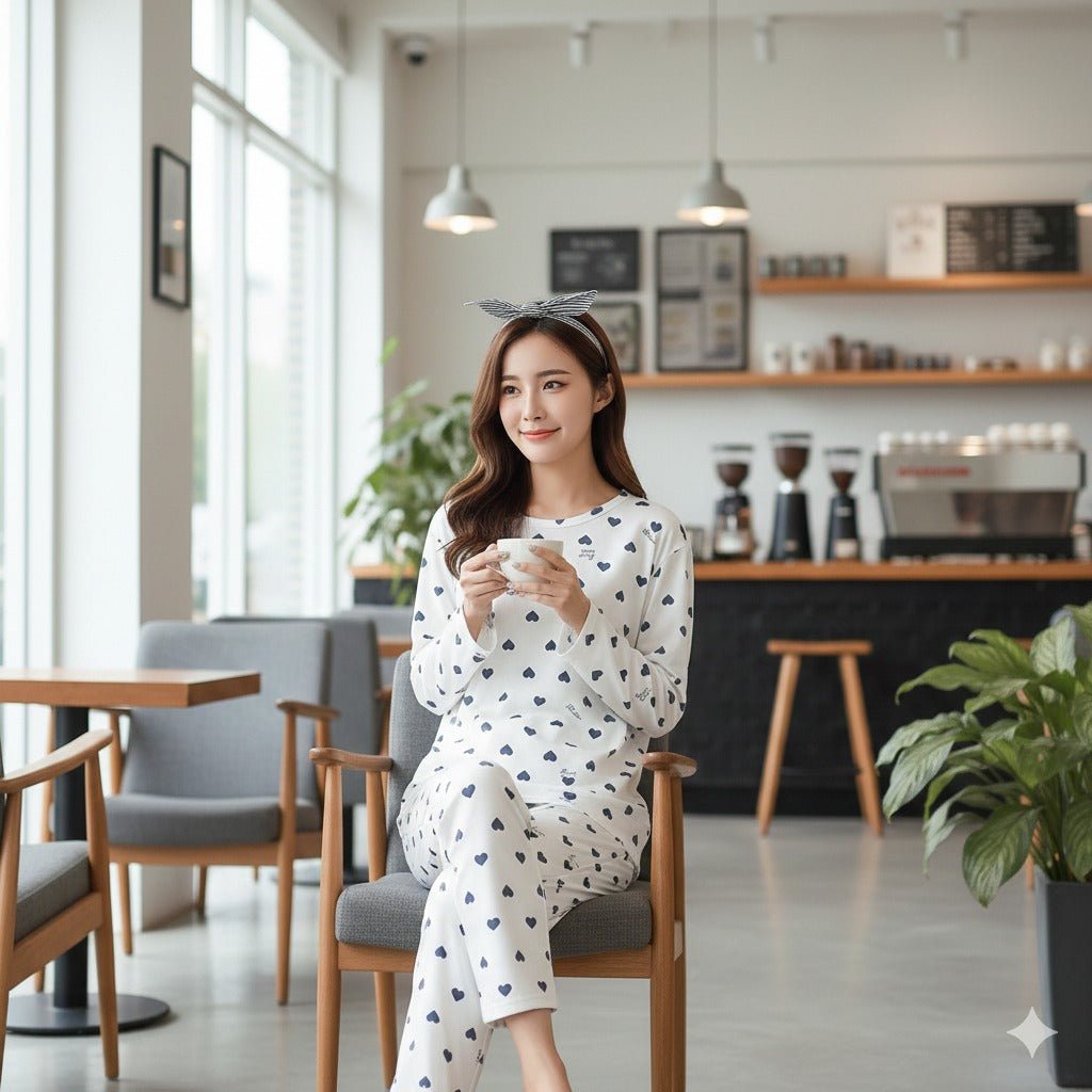 White with Black Hearts Woman Pajama Set