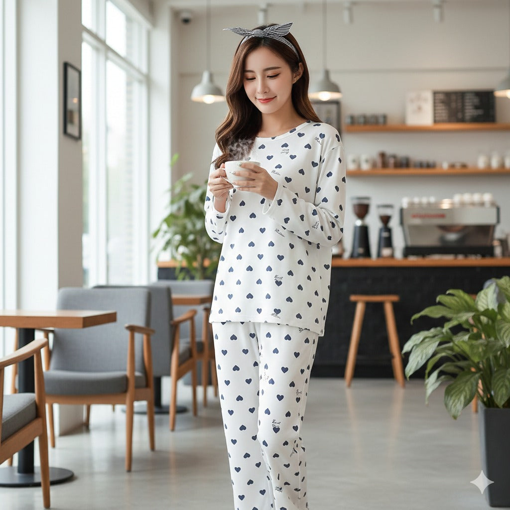 White with Black Hearts Woman Pajama Set