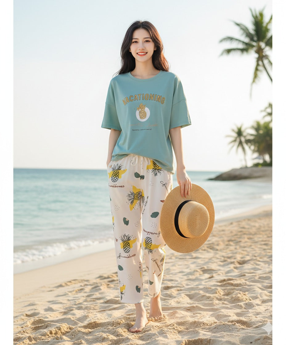 Sea Green Shirt & white printed trouser Woman Print PJ Set