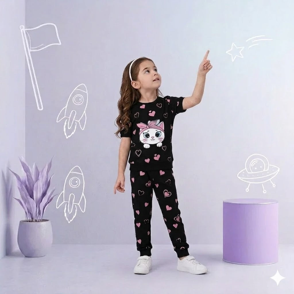 Black Kitty with Pink Hearts printed kids night suits