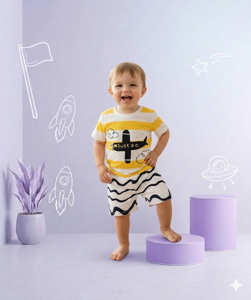 Flying a plane Printed Half Sleeves Round Neck T shirt With Printed Shorts