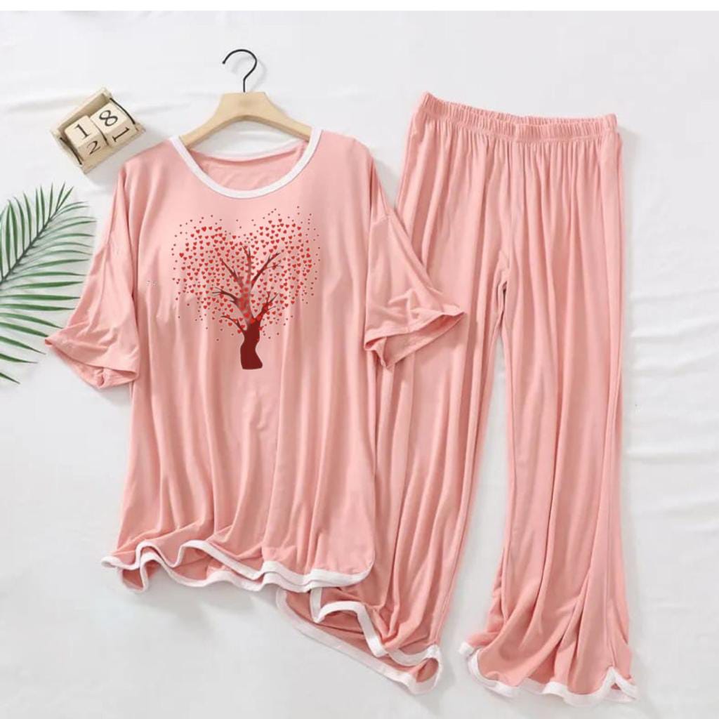 Womens Pink Printed 2Pcs Loungewear