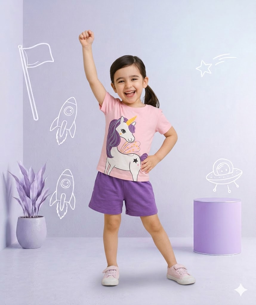 Pink Unicorn Printed Kids Short Sleeve Kids Wear
