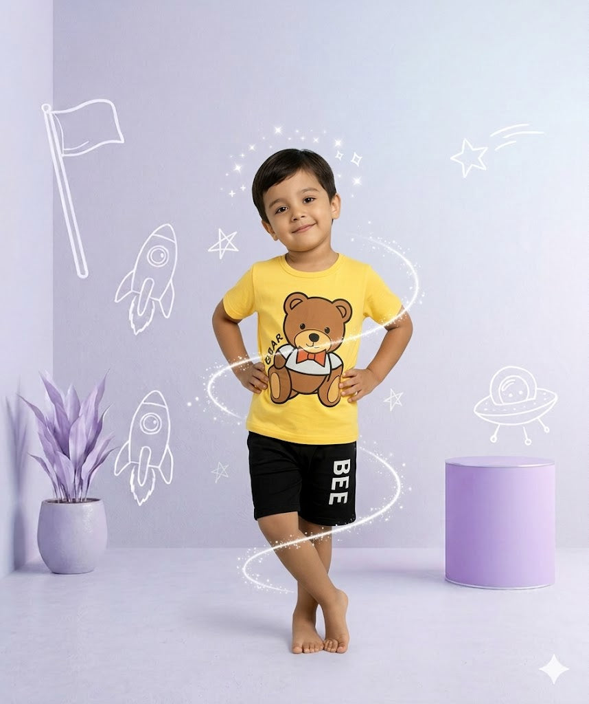 Kids Bear Printed Half Sleeves Round Neck T shirt With Printed Shorts