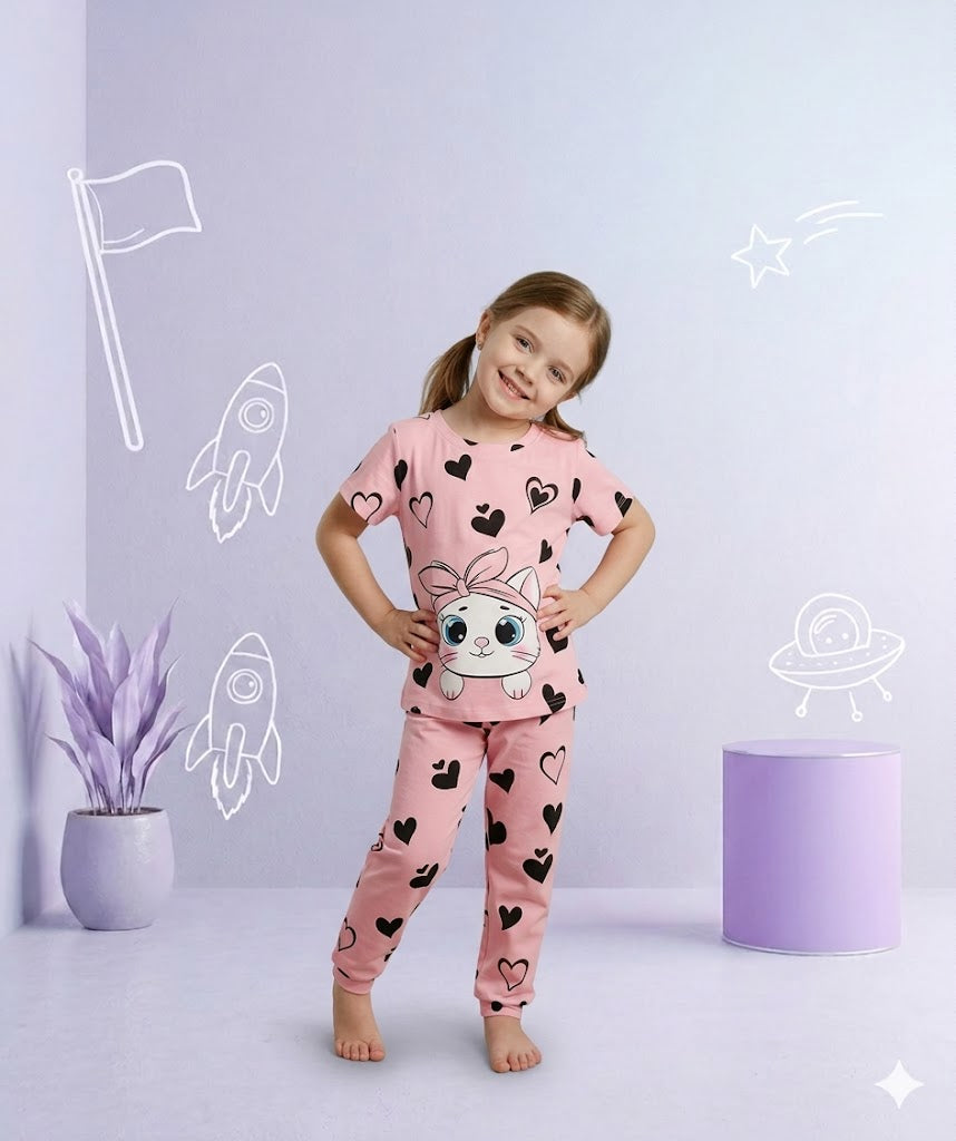 Pink Kitty Printed Kids Wear