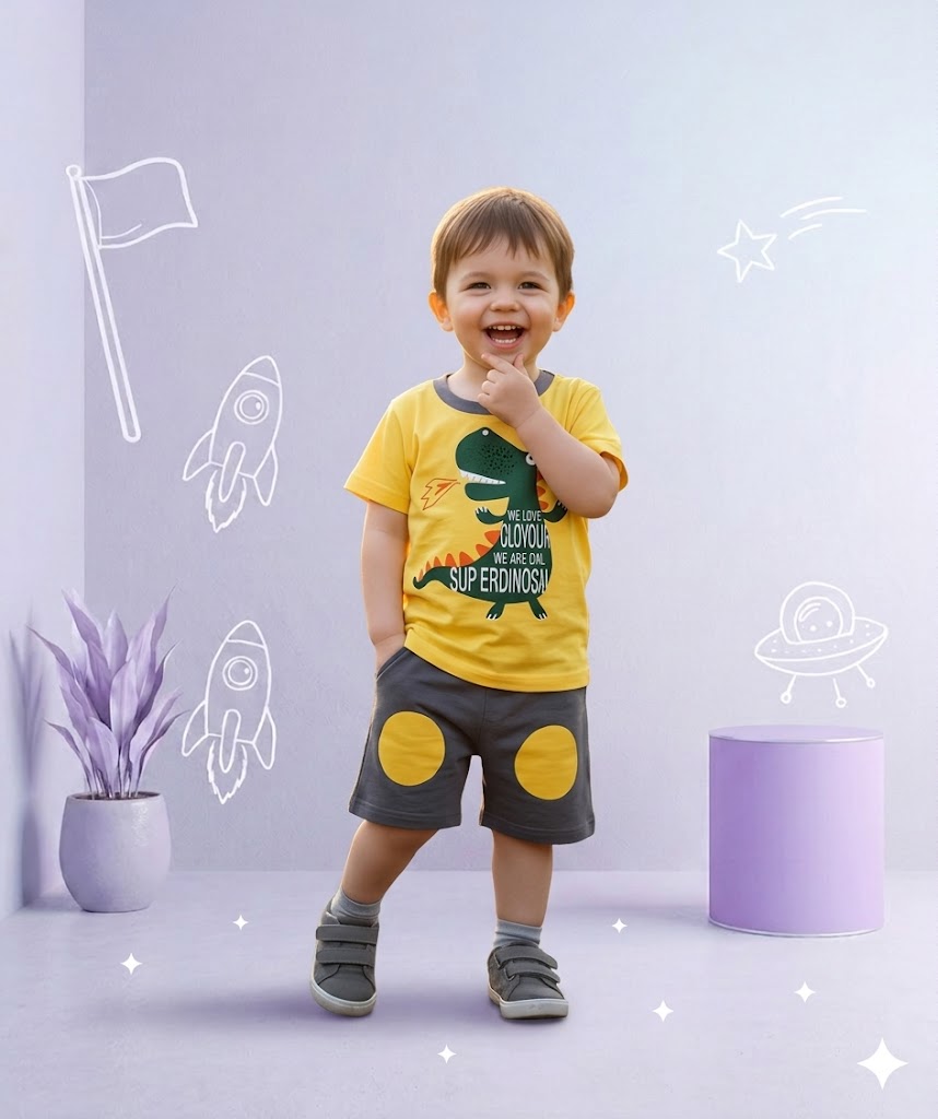 Yellow Boom Dino Printed Kids Short Sleeve Kids Wear