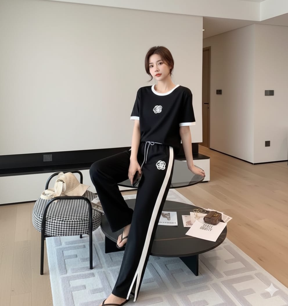 White & Black Contrast Printed Tracksuit