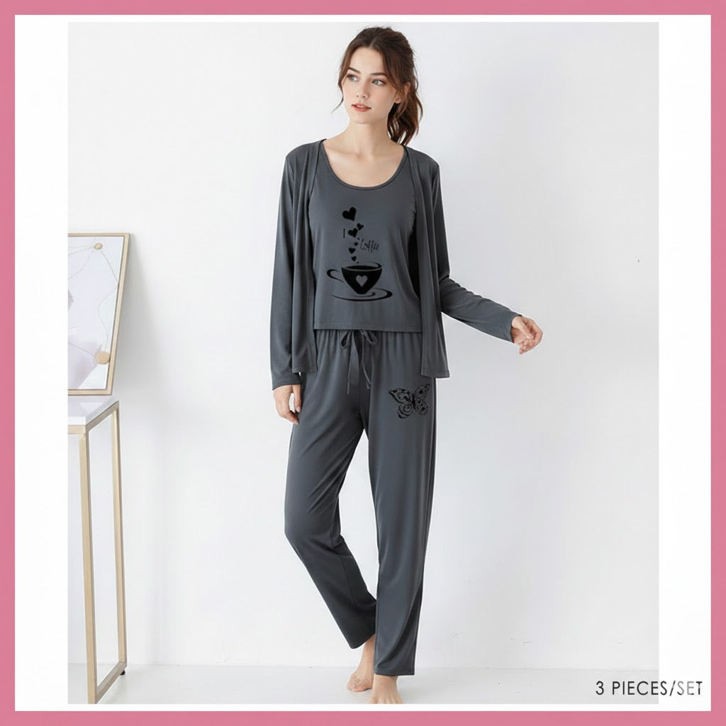 Grey Black I love Coffee Women Night Suit PJ 3 Pieces Set